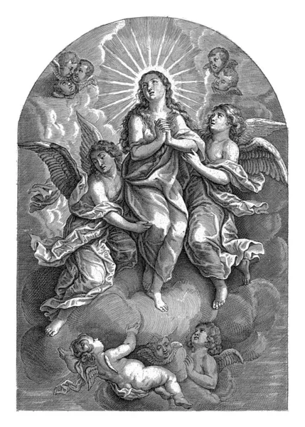 Saint Mary Magdalene Led Heaven Two Angels Cherubim Clouds — Stock Photo, Image
