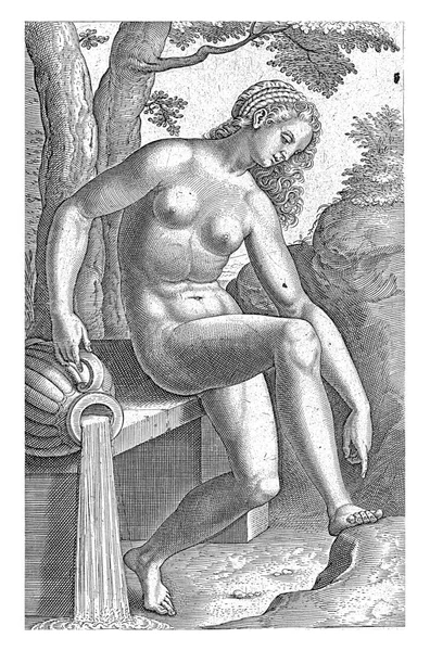 水ニンフ マレオティス フィリップス 1587水ニンフ マレオティス マリアウト湖 石のベンチに座って 印刷は ストリームと水のニンフに関する17部のシリーズの一部です — ストック写真