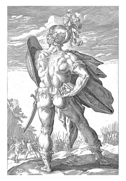 The hero Marcus Valerius Corvus full-length, seen from the back, his shield raised at his left shoulder. In the background you can see how he defeats a Gaul with the help of a raven (corvus).