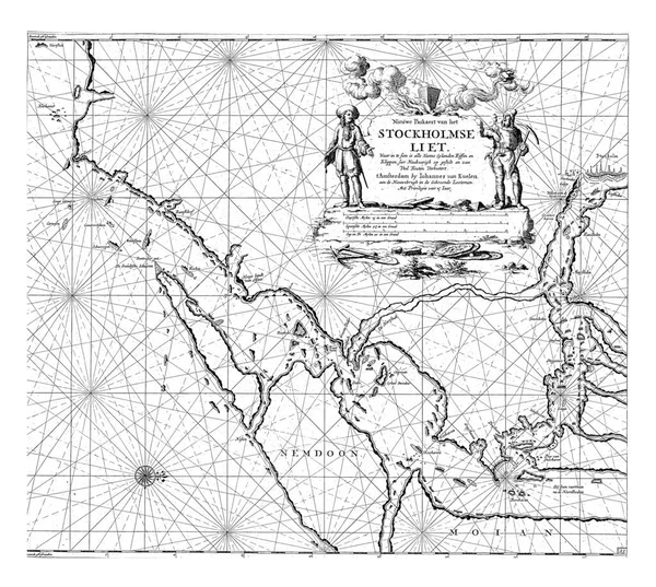 コンパスが上昇したストックホルム地域の海水の地図は 北が右側にあります タイトル 出版社の住所 ドイツ語 スペイン語 英語の規模を持つカルトゥーシュの右上 — ストック写真