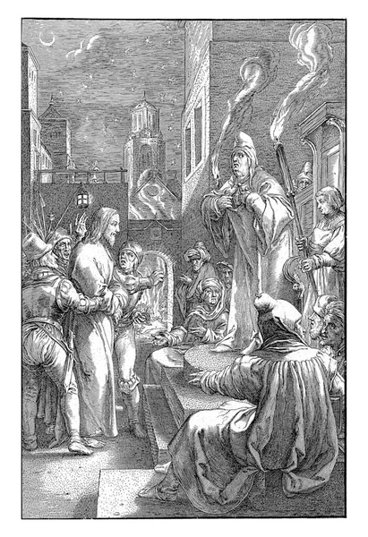 基督被带到大祭司该亚法面前 该亚法站在两个火把中间的平台上撕破衣服 — 图库照片