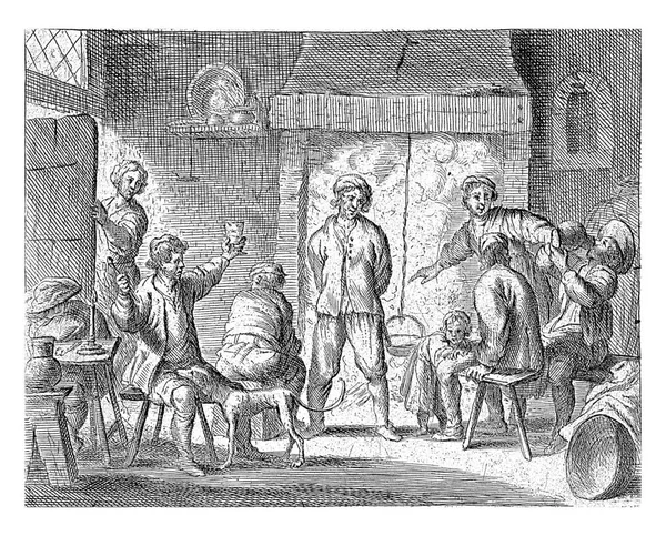 stock image Farmers sit by a fireplace in an inn. One man raises his glass and holds up a pipe. A woman stands at the door and leaves the room.