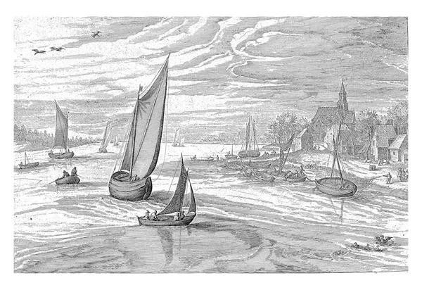 川の上の村と風景 いくつかのボートは桟橋に係留されている ラテン語で4行のキャプションを付けます — ストック写真