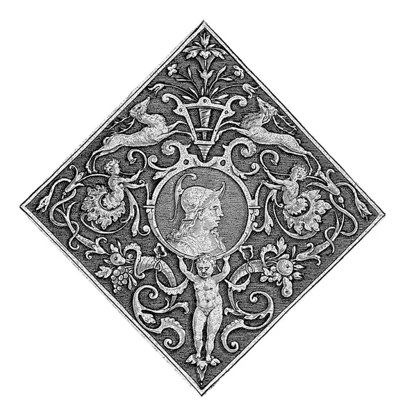 1547 1612年 在玻璃窗中 一个孩子戴着一枚带着头盔的女人的奖章 菲利普 加勒紧跟在马库斯 盖拉特之后 — 图库照片