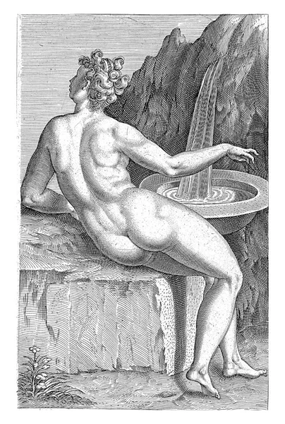 水ニンフ協会 フィリップス 1587水ニンフ協会 ヘリコンの水源の前に石のブロックに座っ — ストック写真