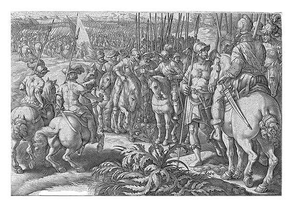 乔凡尼 美第奇骑着马与瑞士军队领导人争论 在背景中你可以看到后者是如何退出的 — 图库照片