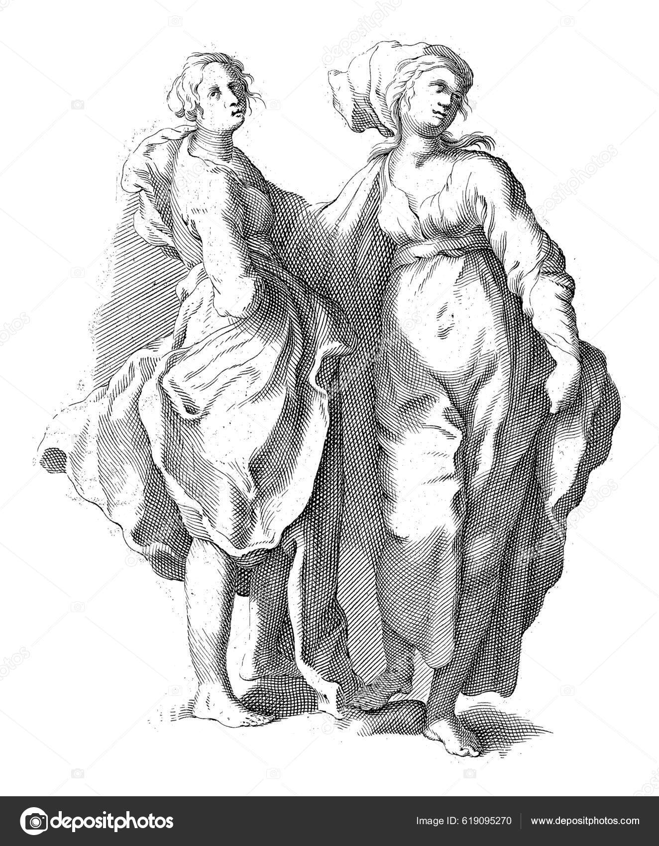 Two Women Front View Loose Clothes Copy Representation Drawing Book