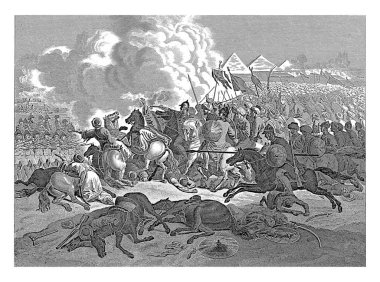 21 Temmuz 1798 'deki Piramitler Savaşı. Fransızlar ve Mamluklar arasında. Bu savaş Mısır 'daki Giza piramitlerinde gerçekleşti..