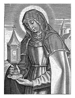 Saint Clare, solda, bir anıtla. Azizlerin resimlerinin olduğu 15 parmak izinden parmak izi..
