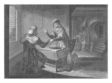 Esau anonim olarak Jakob 'a doğum hakkını satıyor, 1630 - 1702 Esau avdan aç döndü ve masada oturuyor. Masanın yanında iki av köpeği var..