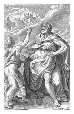 Zacharias 'la birlikte gökyüzünü gösteren bir melek eşliğinde bir süvari alayının geçtiği bir manzara. Kenarında Latince iki satırlık bir başlık.