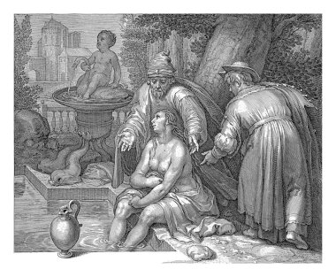 Yarı çıplak Susanna küvetin kenarında oturuyor. İki büyüğümüz banyo yaparken onu rahatsız etmeye geliyor..