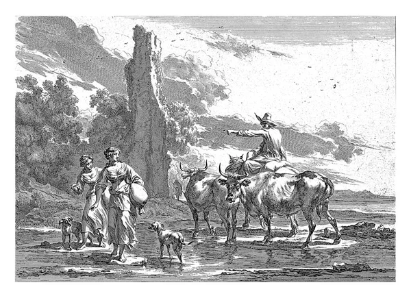 牧人和牧羊女在福特 后尼古拉 皮埃特兹 Berchem 1643 1692在前面 一个骑马的牧人指着两个带着狗的牧羊人 — 图库照片