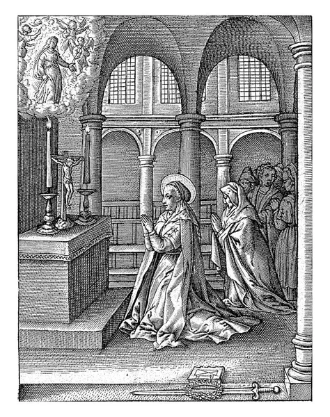 信徒的美德 Hieronymus Wierix 1563年 1619年前 圣露西在其他妇女的陪伴下 在教堂祈祷 祭坛上方是圣母玛利亚的异象 — 图库照片