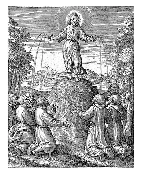 예수의 아이는 있습니다 무리의 신봉자들에게 숭배를 받는다 아이의 손에서 흘러나온다 — 스톡 사진