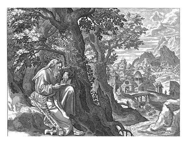 Eulogius隐居在荒野中 他在看一本圣经 以隐士为背景的村庄风景 — 图库照片