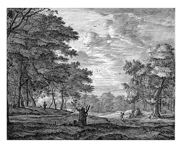 ハガセの箱の中の清算では ハンターは棒の上に2頭の獣を連れて歩く 前景には木の切り株と左側にはウォーカー — ストック写真