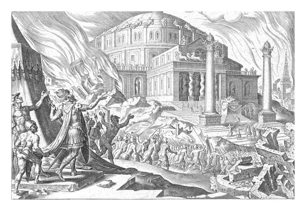 エルサレムの神殿は火の上に置かれている 前景にはティトゥス帝の軍が街に入り — ストック写真
