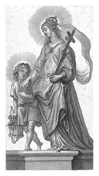 ヴァロワの聖ジョアンは戴冠し 十字架を手に 情熱の道具でバスケットを保持しているキリストの子からリングを受け取ります — ストック写真
