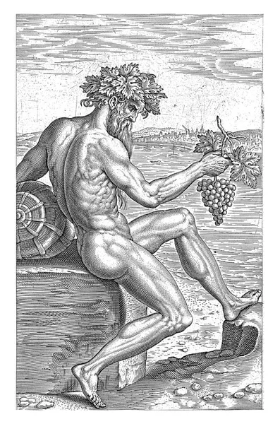 河神Rhenus Philips Galle 1586年 河流之神莱茵斯 莱茵河 坐在石头上 他手里拿着一串葡萄 — 图库照片