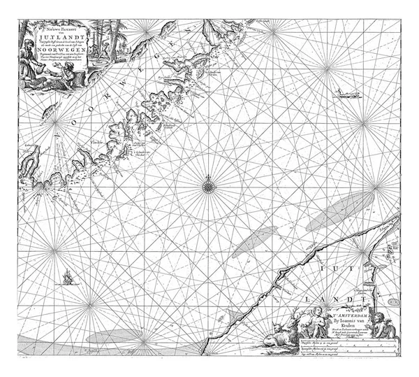 ノルウェーと北ユトランドの海岸の一部のパスポートマップは コンパスが上昇し 北が上にあります 上部は木のカッターで囲まれたタイトルでカルトゥーシュを残しました — ストック写真