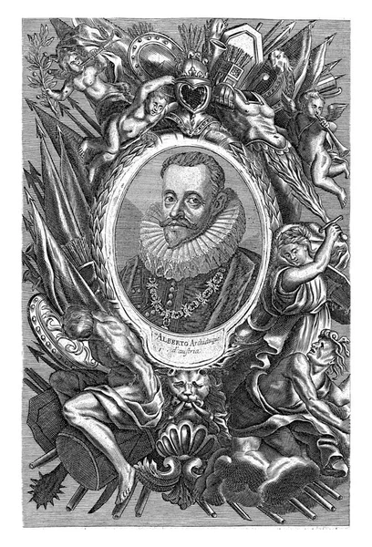 アルベルタス7世 オーストリア大公 南オランダ総督の楕円形の肖像画 左に正面にバスト 肖像画のフレームの周りに武器や鎧のコレクションです — ストック写真