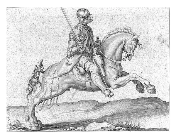 Ein Gepanzerter Mann Pferd Mit Gezücktem Schwert Der Nach Rechts — Stockfoto