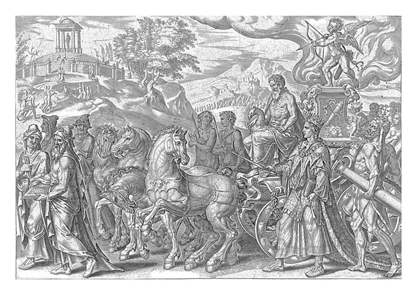 丘比特被加冕在战车上 他的战车载着木星 它是通奸者和征服者的原型 写爱情的古典诗人走在战车前 马塞勒斯 奥维德和提布勒斯 — 图库照片