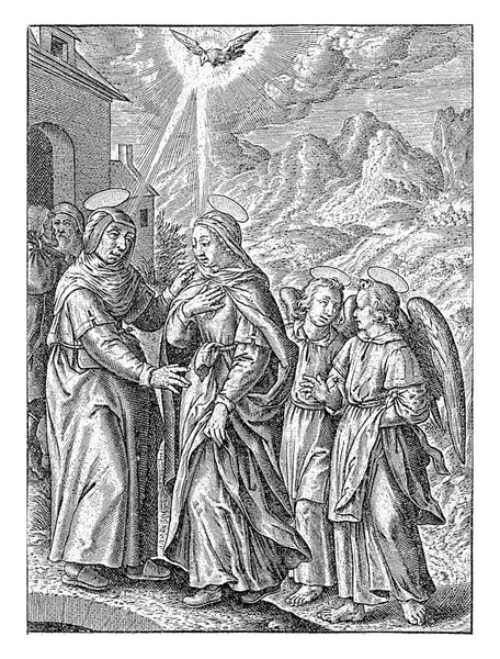 Hieronymus Wierix 1563年 1619年之前 玛丽亚拜访了她的堂妹Elisabet 后面跟着两个天使 在门的后面 撒迦利亚和约瑟 — 图库照片