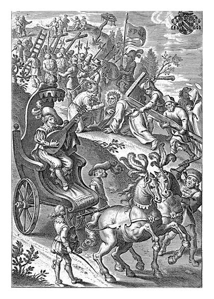 1630年 科内里斯 加勒驾着马车载着十字和礼炮 紧跟在尼古拉斯 霍斯特之后 前面是一辆由两匹马牵着的马车 担子轻 一辆正在制造音乐的礼炮 — 图库照片