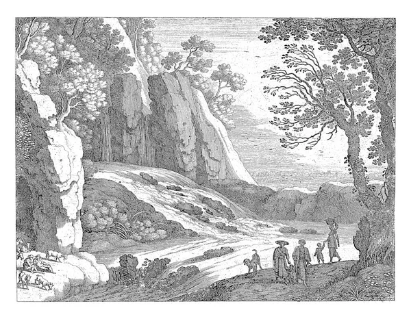 滝の目の前で3人の女性 2人の子供と犬 左側にはヤギを飼っている羊飼いが二人いる イタリアの風景のシリーズから印刷 — ストック写真