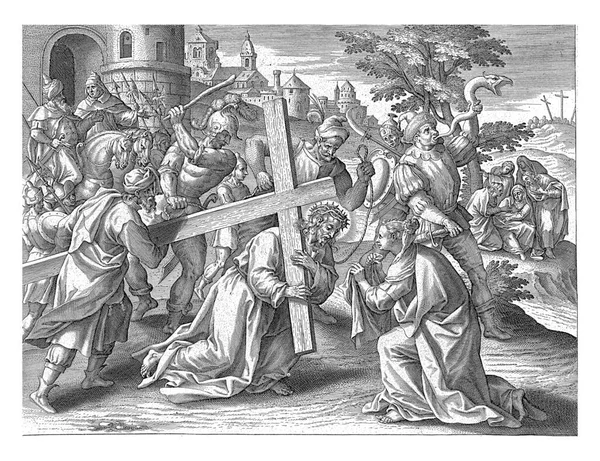 Cristo Cae Con Cruz Camino Calvario Verónica Ofrece Paño Para — Foto de Stock