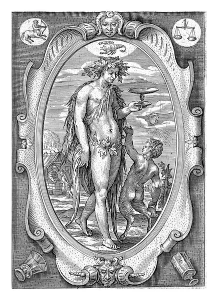 Autumnus 的形象化是一个赤身裸体的男人 手里拿着一个酒碗 旁边是一个年轻的撒旦 背景上是一片葡萄收获的风景 — 图库照片