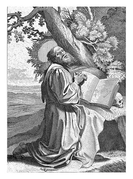 Święty Franciszek Klęcząc Złożonymi Rękami Krajobrazie Przed Nim Otwarta Księga — Zdjęcie stockowe