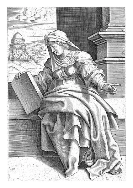 Sibyl Erythrae Sitting Book Her Right Hand Pointing Her Left — Stock Photo, Image