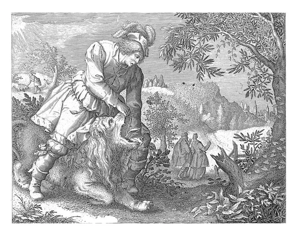 Samson Aslanın Sırtına Biner Ağzını Açar Sol Arka Planda Samson — Stok fotoğraf