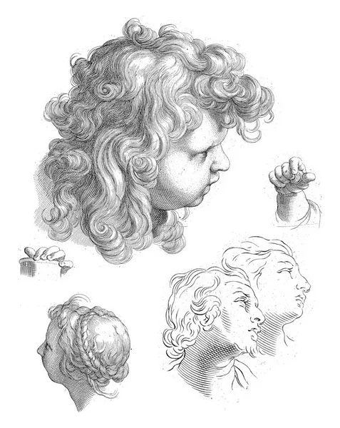 Study of a child\'s head, three women\'s heads and two hands.