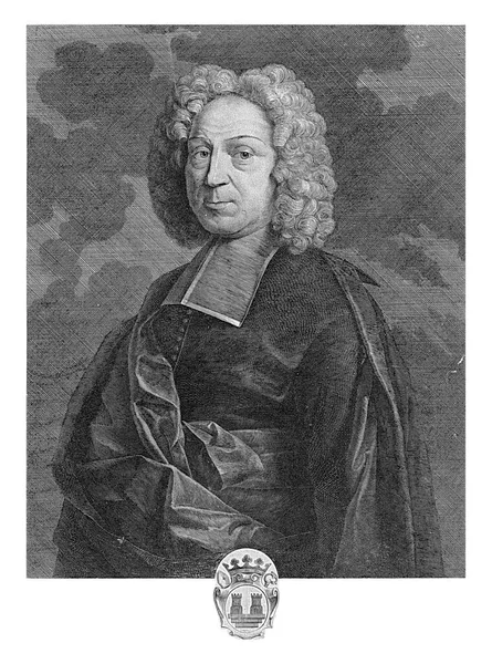 61岁的贝本堡男爵约翰 弗里德里希 卡格的画像 身材矮小 头戴假发 身穿黑袍 白领白领 背景为云彩 — 图库照片