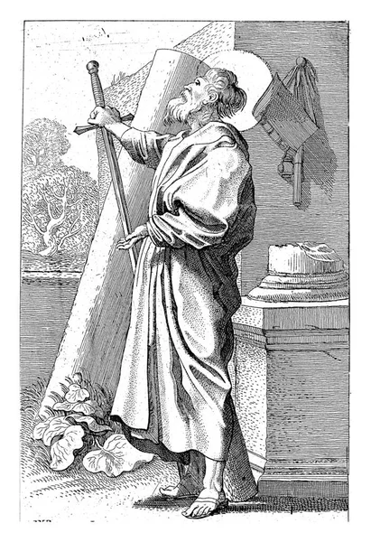 Apôtre Paul Avec Épée Debout Devant Une Colonne Cassée Gauche — Photo