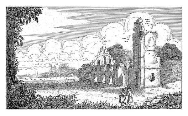 家の廃墟の近くの2人の人物 ファン ヴェルデ Ii代目 1616風景の中の家の廃墟の近くの2人の会話の人物 二十枚のうち九枚 — ストック写真