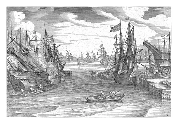 ロバート ボードゥス コーネリス クラスズの後 ヴァン ヴィーリンゲン1591年 1618年以前右側にクレーン 中央手前にボートがある港の眺め — ストック写真