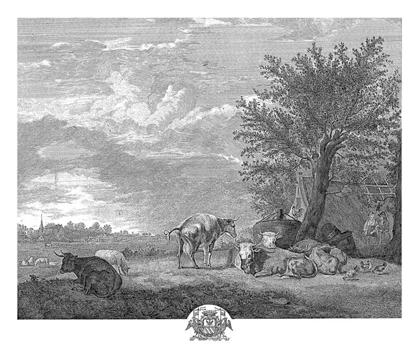 牛と風景 エリーザベト マリー シモンズ アドリアン ファン ベルデの後 1760 1780背景の村の風景で 牛は木の下で眠っています — ストック写真