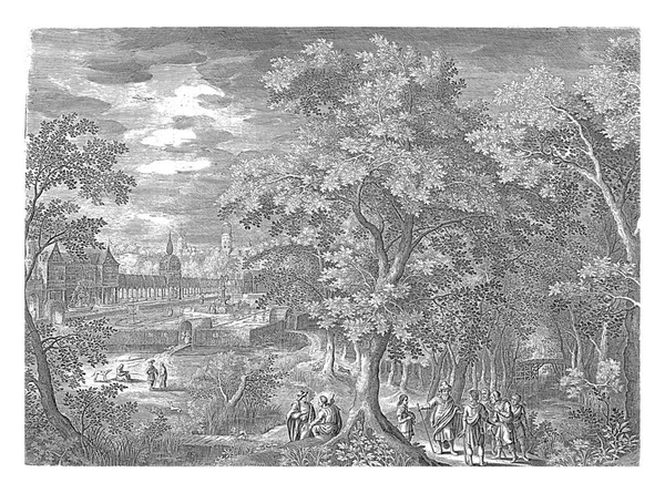 ヴィニヤードの労働者のたとえ話のある木製の風景 ファン ロンダーセル デビッド ビンクボンズ後 1601 1652城と造園庭園と木製の風景 — ストック写真