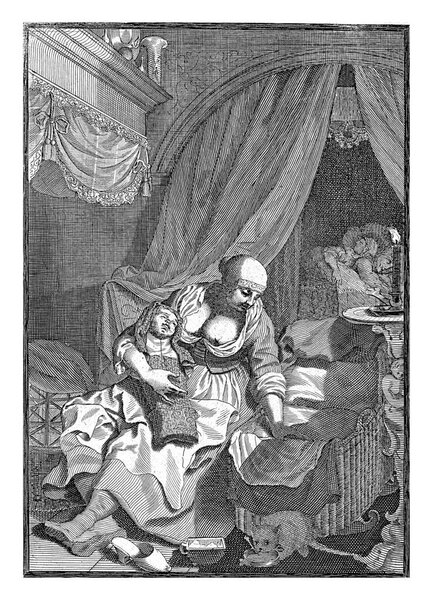 A bare-chested nurse has a baked child on his lap. Next to her is a wicker cradle. In the background a couple, sleeping in a four-poster bed.