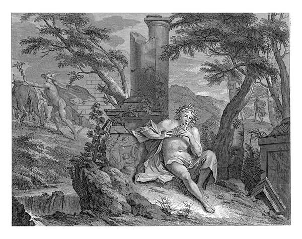 Πρώτο Πλάνο Απόλλωνας Παίζει Φλάουτο Στο Βάθος Ερμής Κλέβει Βόδια — Φωτογραφία Αρχείου