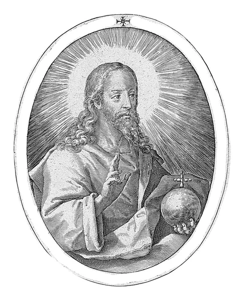 キリストは左手に球体を持ち 右手で祝福のジェスチャーをします シーンは楕円形のフレームに設定されており エッジの文字はラテン語で聖書の引用があります — ストック写真
