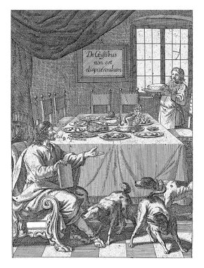 Filozof Zoilus üzerinde turta ve diğer yiyeceklerin olduğu zengin bir sehpada oturur. Sağ arka tarafta, bir hizmetçi elinde bir turtayla gelir..