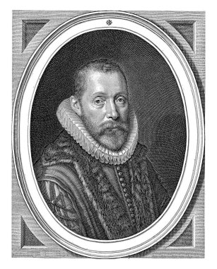 Bakan Johannes Wtenbogaert 'in 62 yaşındaki portresi, yel değirmeni tasması ve toga ile basılmış, oval çerçevede Latince yazıyla. Alt boşluktaki dört satır Latince yazı.