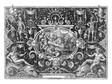 Medusa 'nın lideri Abraham de Bruyn ile Perseus, 1584 Oval Kağıtlar çerçeveli, gölgeli bir arka planda. Perseus bir arazide duruyor ve Medusa 'nın başını kaldırıyor..