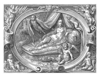 Venüs bir yatakta dinleniyor, Jan Saenredam, Hendrick Goltzius 'tan sonra, 1575 - 1607 oval bir kartuşta tanrıça Venüs, yatakta çıplak yatıyor..